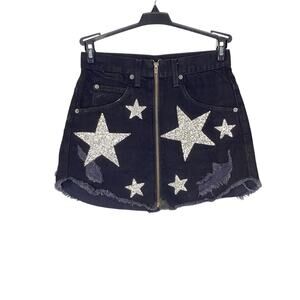 Carmar Beatrice Revolve Black Denim Silver Star Mini Skirt Zipper Front size 25